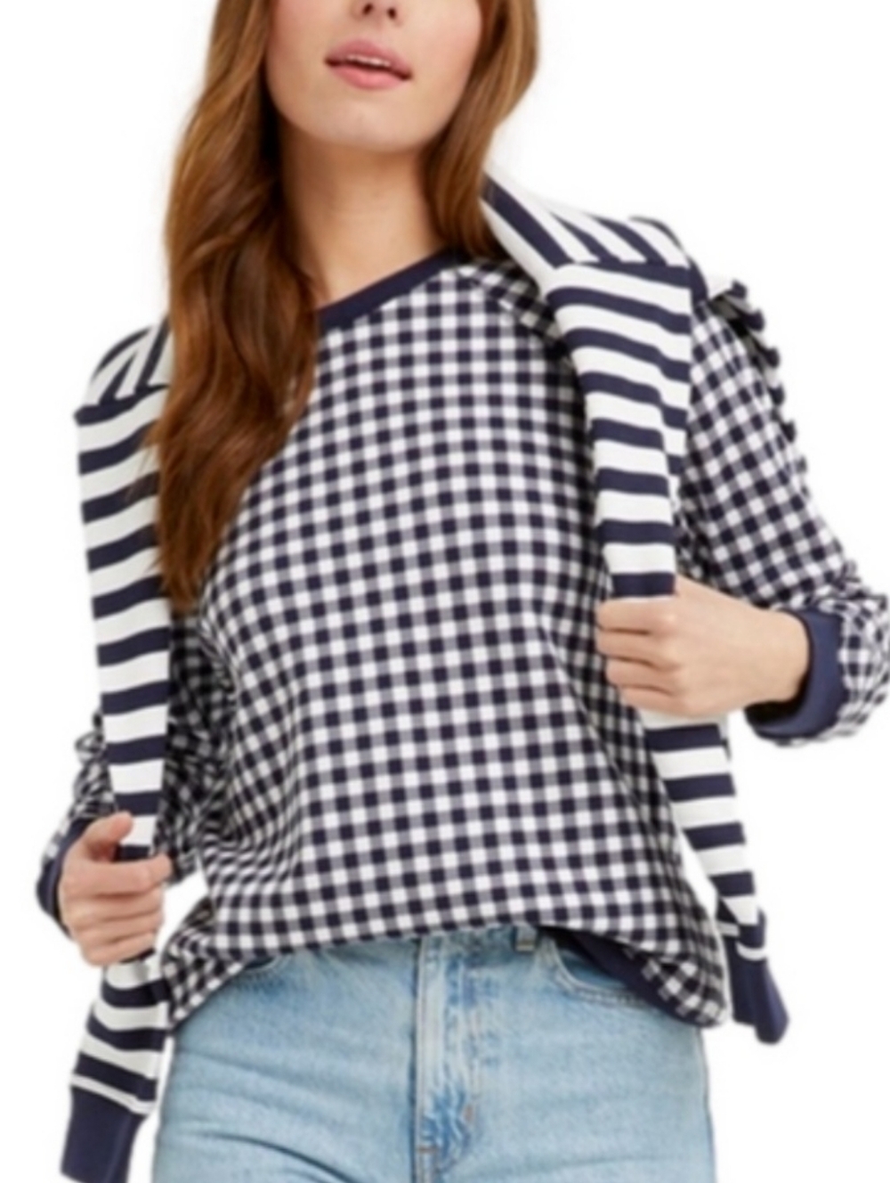 Draper James Natalie Nassau Navy & White Gingham Sweatshirt XS NWT